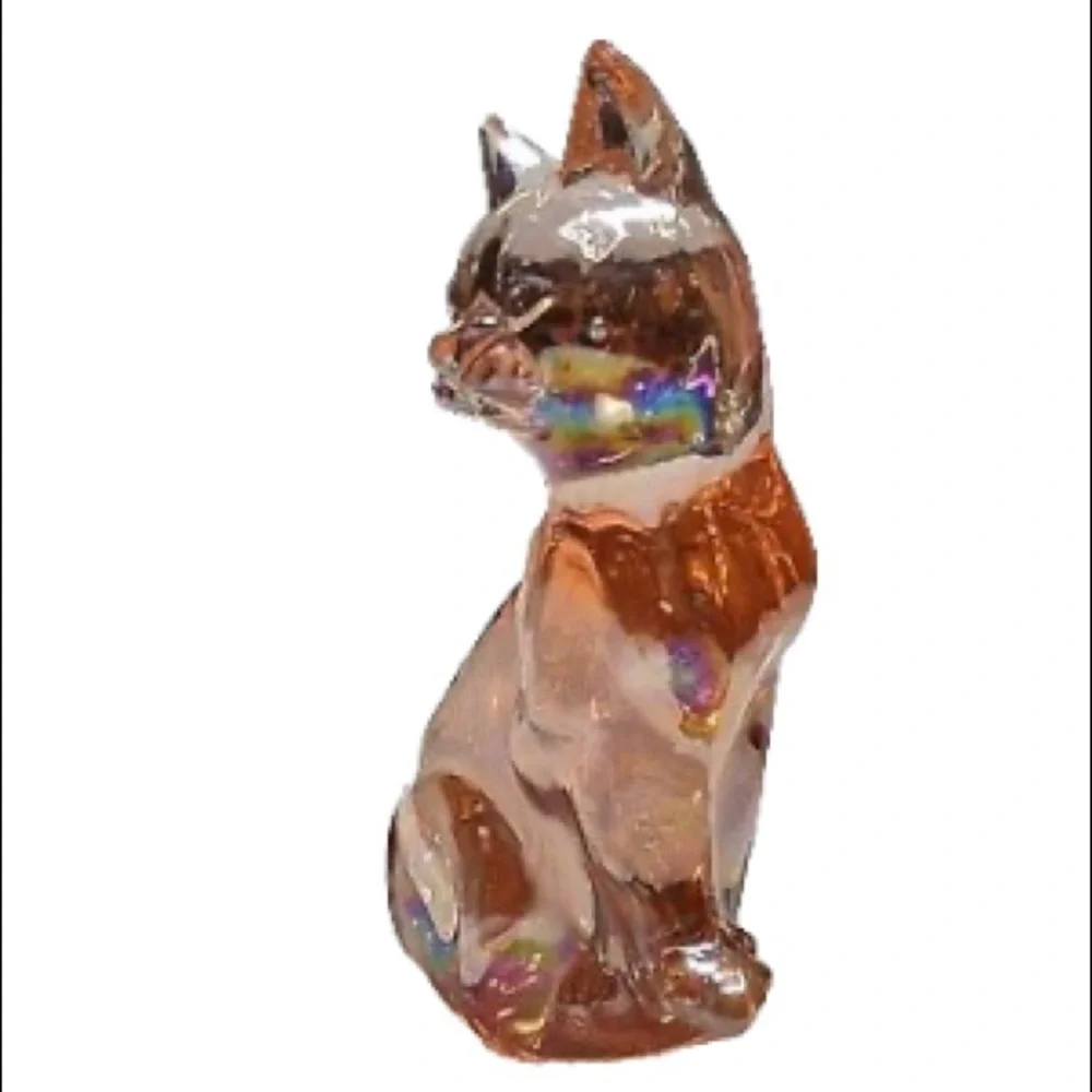Vintage Fenton Iridescent Pink Glass Cat Kitten Collectible Decor Paperweight
